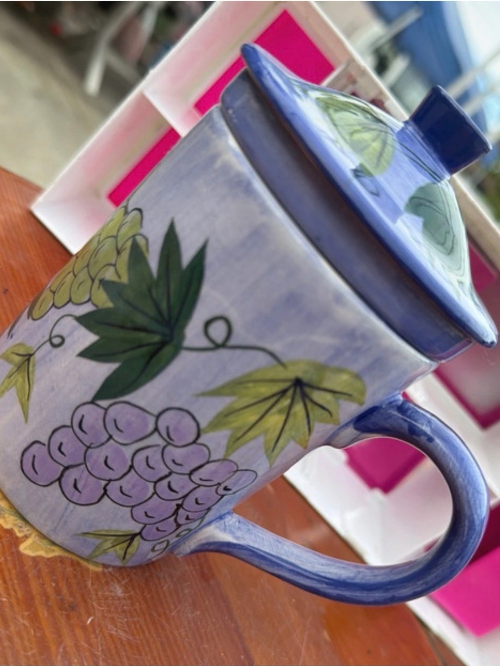 Decorative Blue Ceramic Lidded Mug with tea strainer with Grape Motif